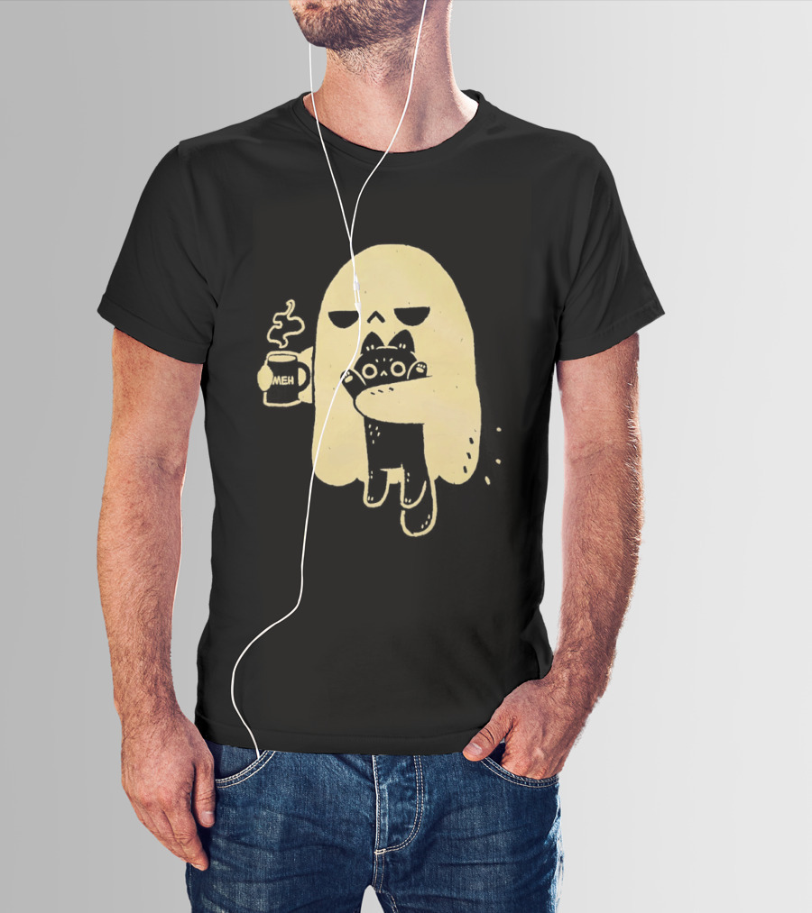 Ghost With Cat And Coffee Cup T-Shirt