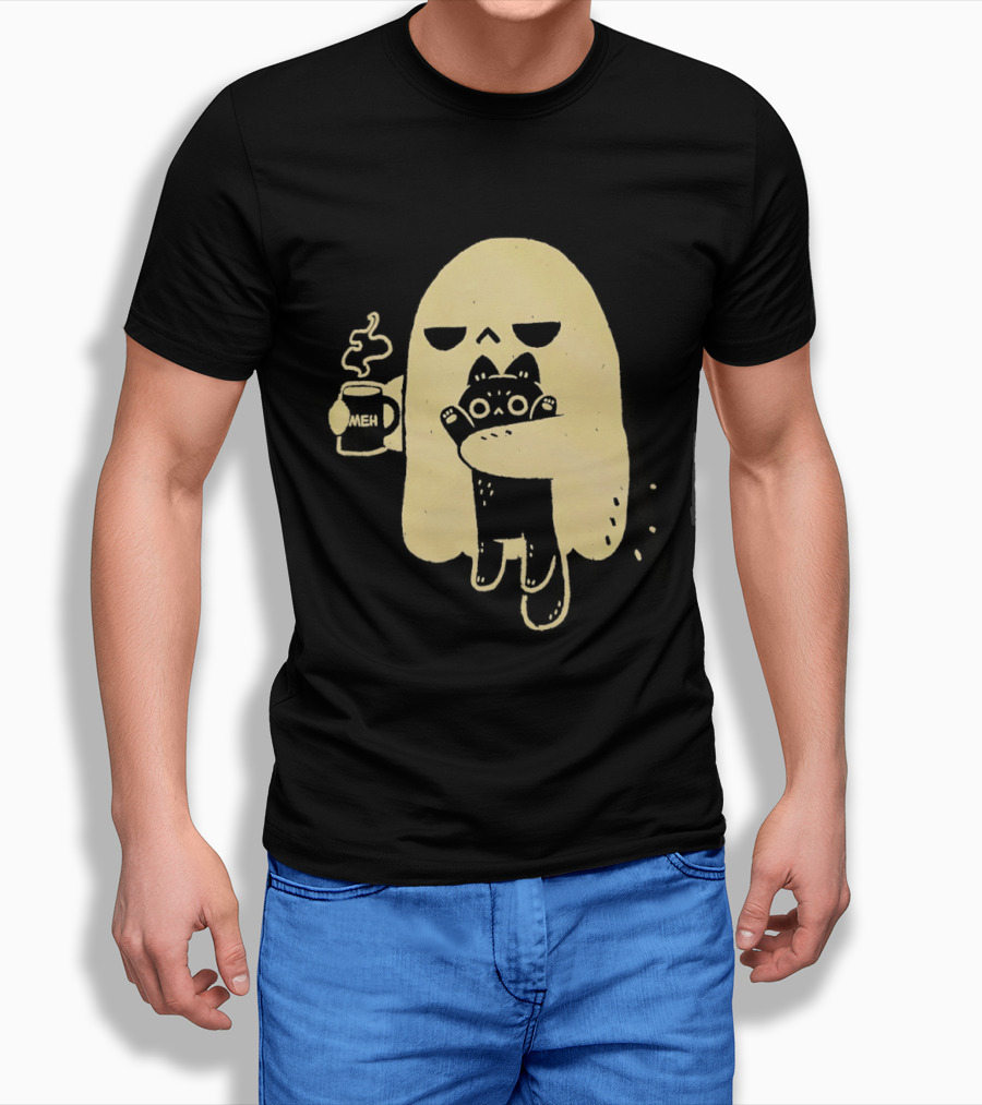 Ghost With Cat And Coffee Cup T-Shirt