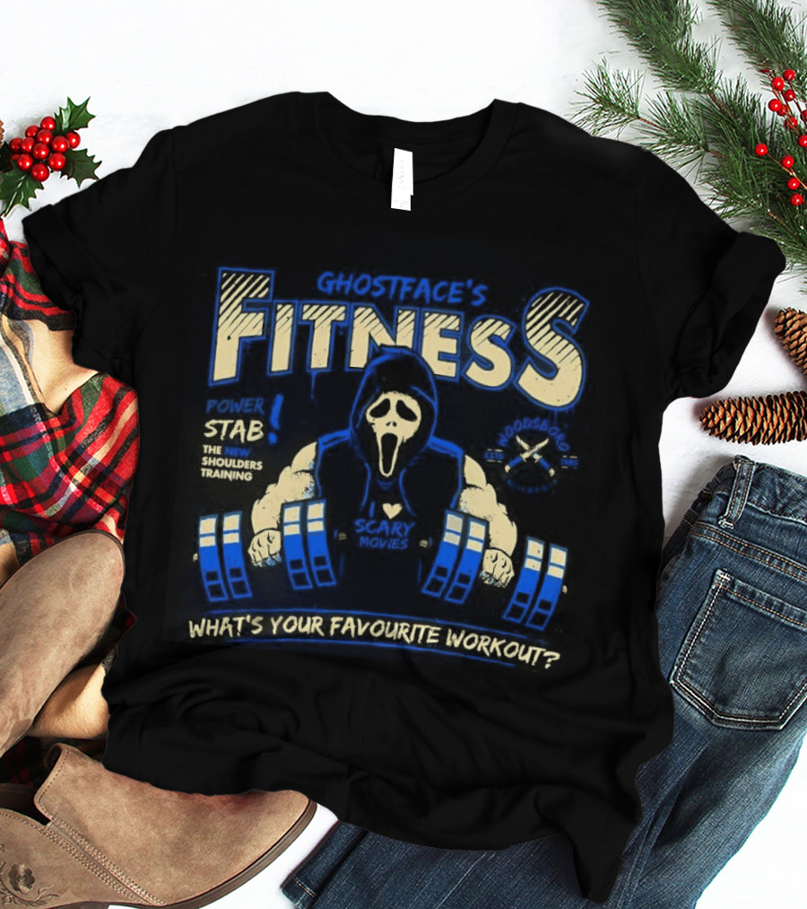 Ghostface Fitness What's Your Favorite Workout Power Stab Shoulder Training T-Shirt