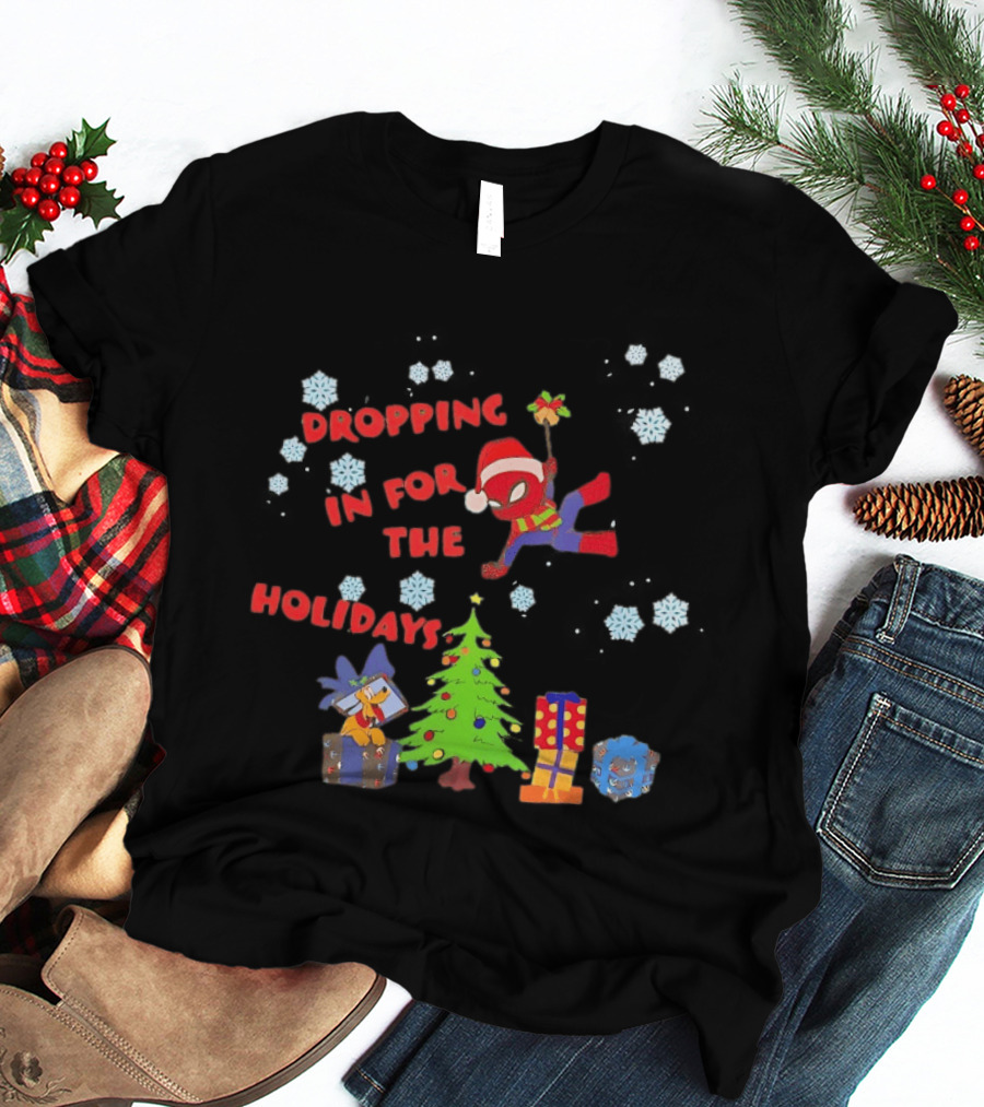 Spider Man Dropping In For The Holidays Christmas Tree Presents Snowflakes T-Shirt