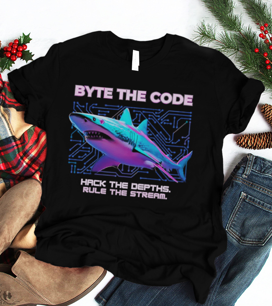 Byte The Code Hack The Depths Rule The Stream Cyberpunk Shark T-Shirt