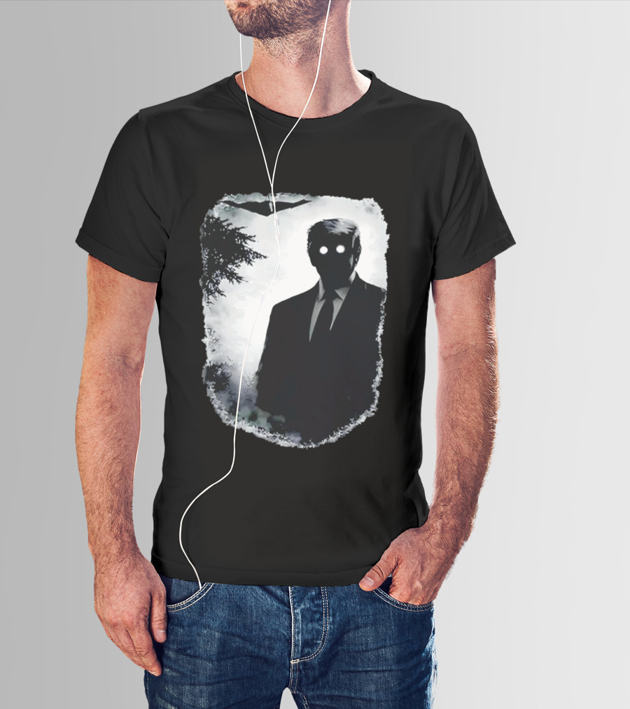 Dark Shadow Figure Mysterious Silhouette Trump Eerie Woods Cloaked Eyes T-Shirt