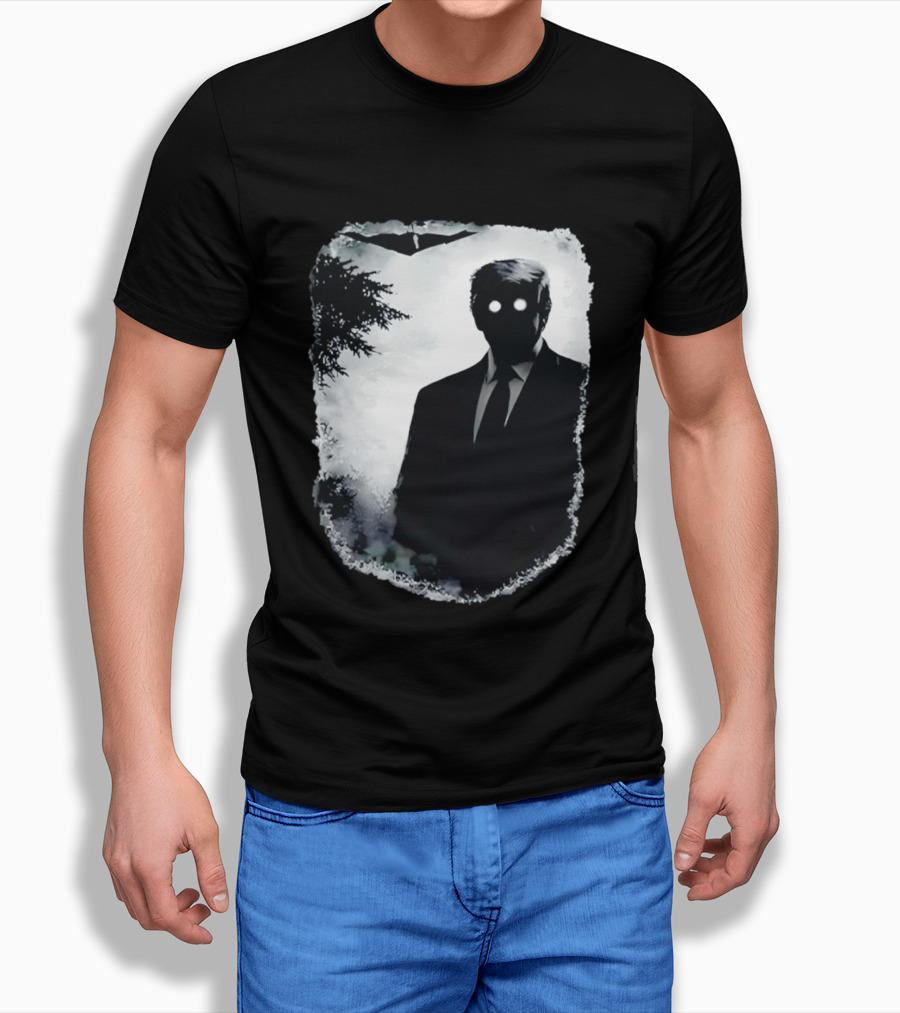 Dark Shadow Figure Mysterious Silhouette Trump Eerie Woods Cloaked Eyes T-Shirt