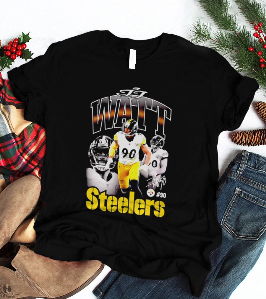 T.J. Watt Steelers #90 Triple Image With Signature T-Shirt