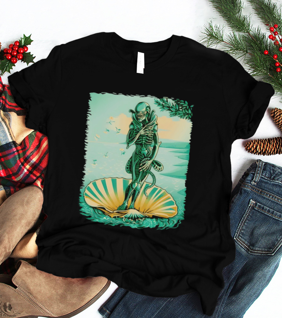 Alien Seated On Seashell The Birth Of Alienus Fusion Renaissance T-Shirt