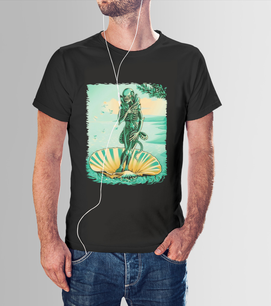 Alien Seated On Seashell The Birth Of Alienus Fusion Renaissance T-Shirt