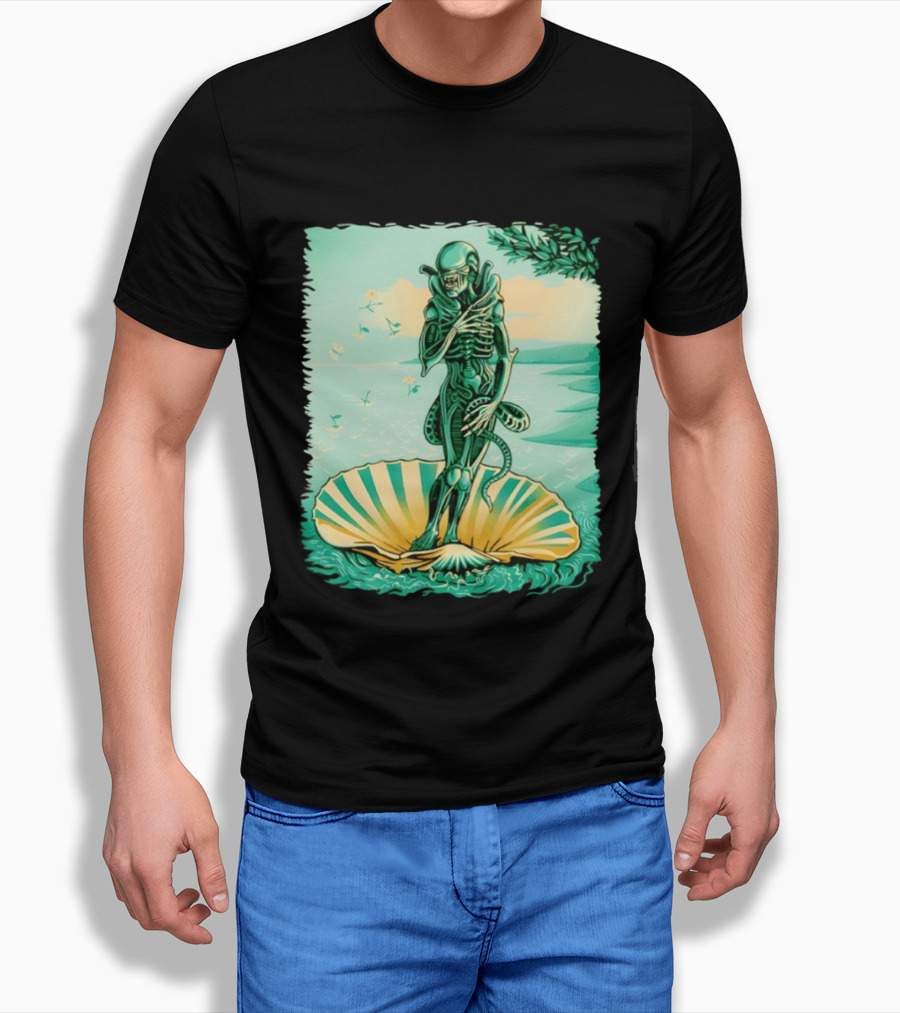 Alien Seated On Seashell The Birth Of Alienus Fusion Renaissance T-Shirt