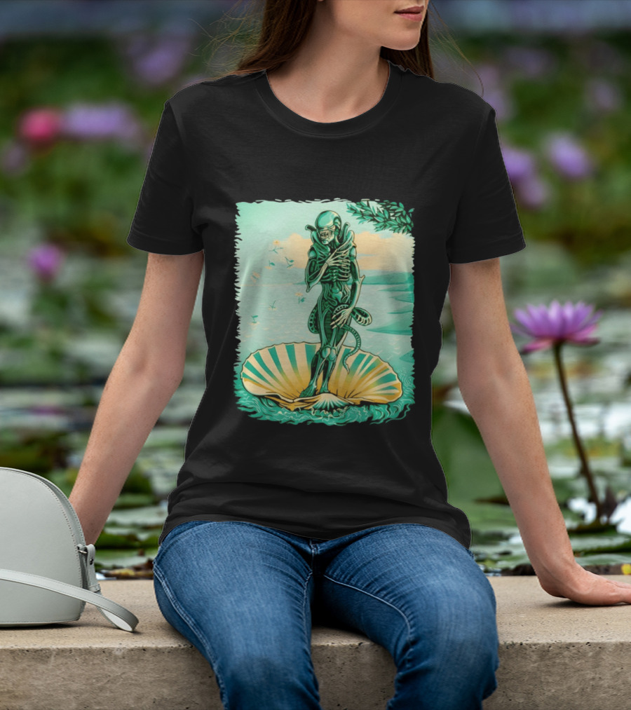 Alien Seated On Seashell The Birth Of Alienus Fusion Renaissance T-Shirt
