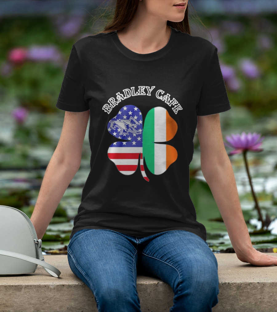 Bradley Cafe Providence RI Est 1937 Four Leaf Clover American Irish Flag T-Shirt