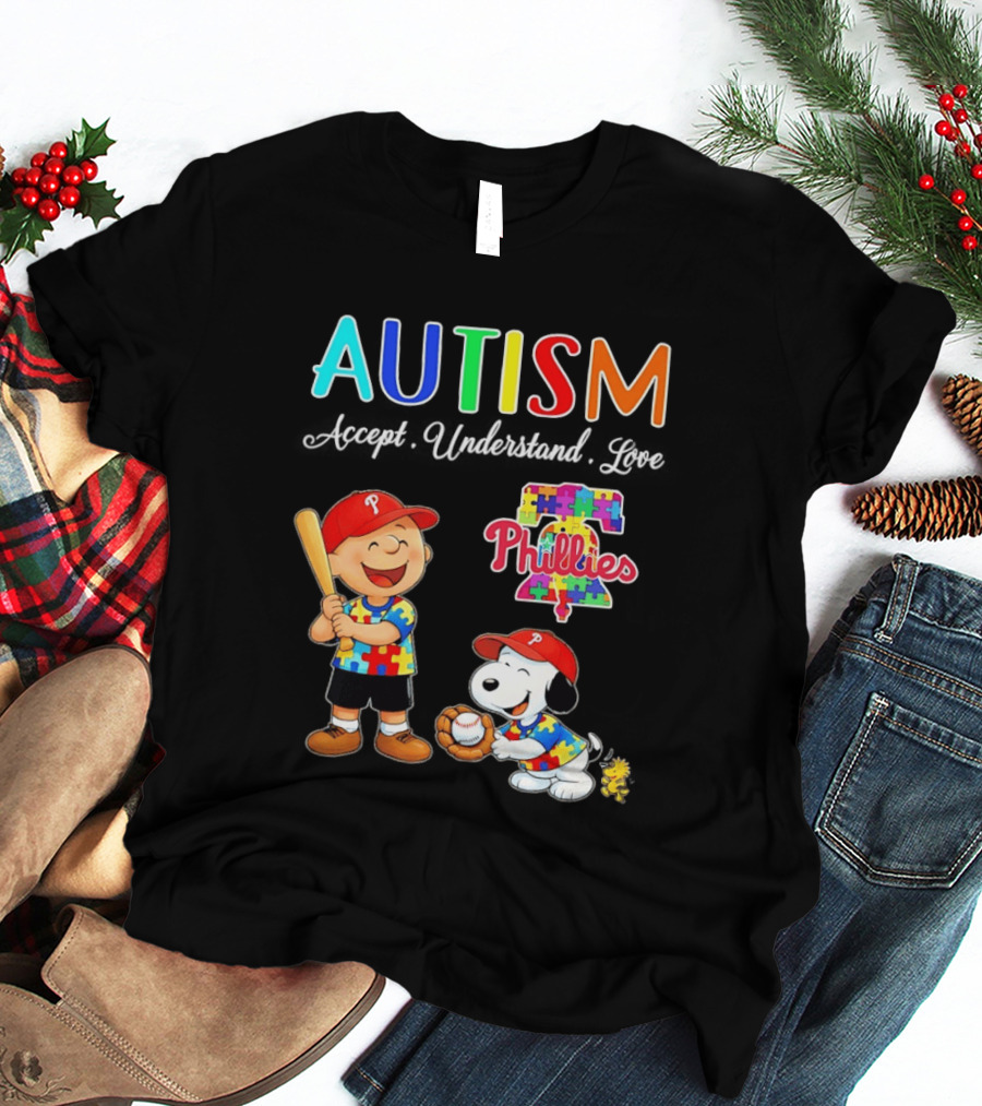 Charlie Brown Snoopy Philadelphia Phillies Autism Awareness Puzzle Piece Accept Understand Love T-Shirt