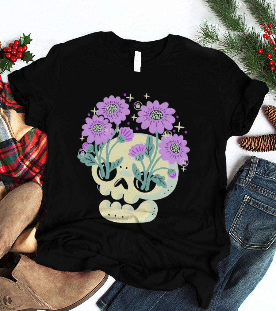 Skull With Purple Flowers And Stars Aesthetic T-Shirt