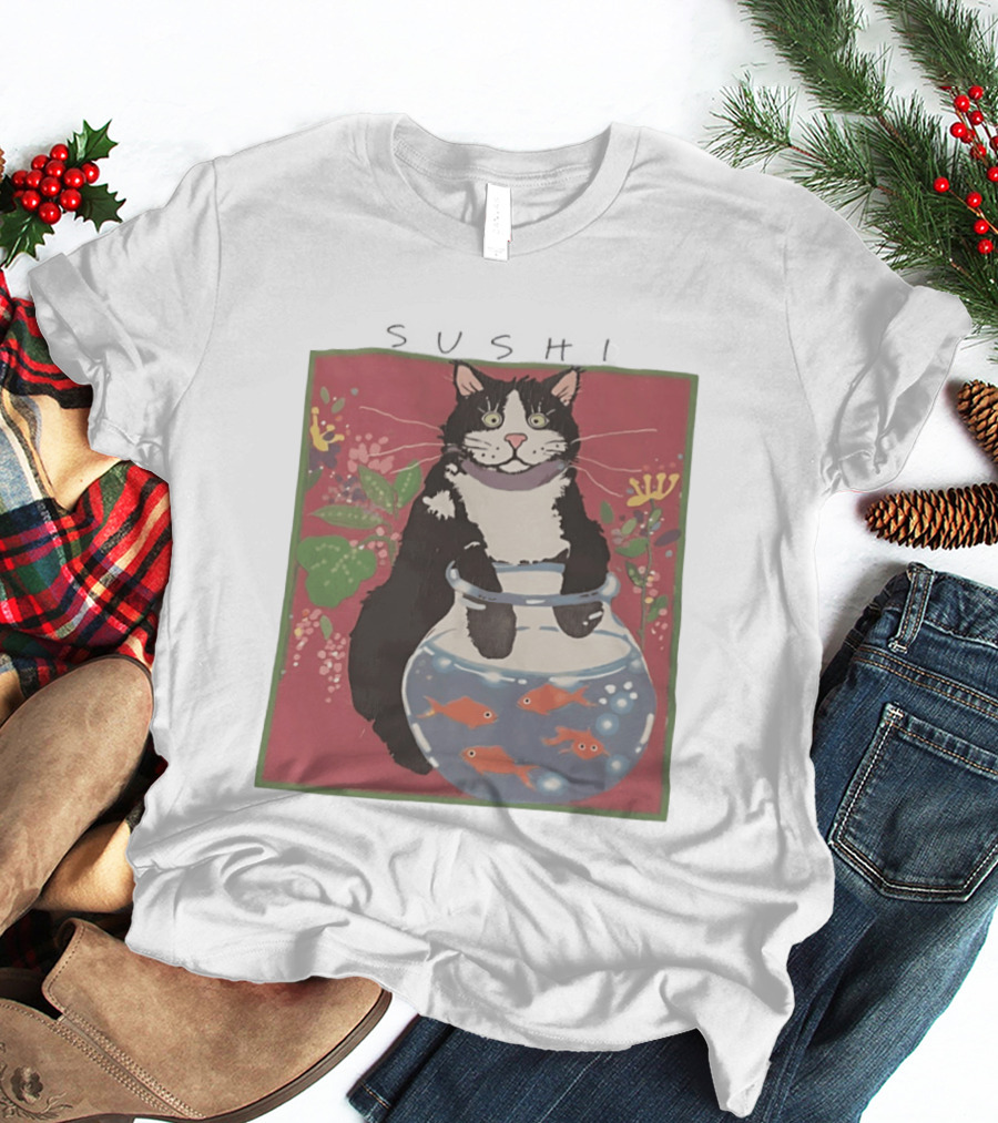 Sushi Cat Holding Fishbowl With Goldfish And Flowers T-Shirt