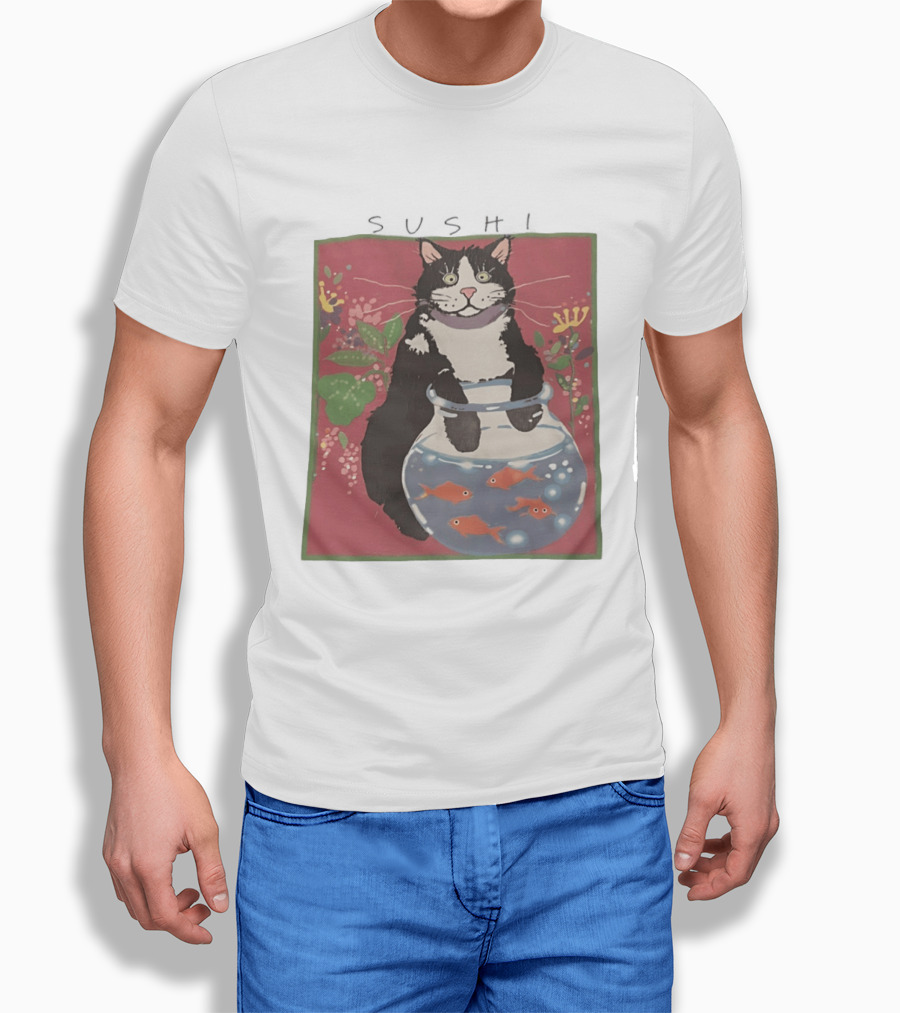 Sushi Cat Holding Fishbowl With Goldfish And Flowers T-Shirt