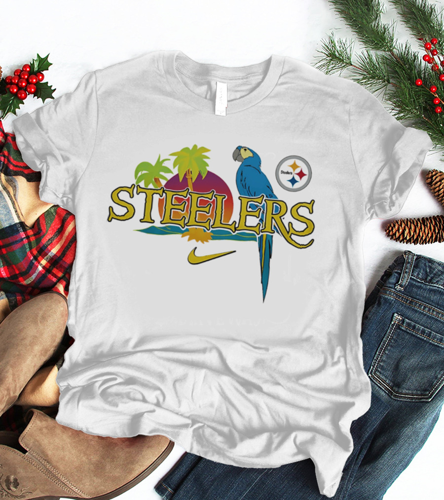 Pittsburgh Steelers Tropical Parrot Palm Trees Sunset It's 5 O' Somewhere T-Shirt