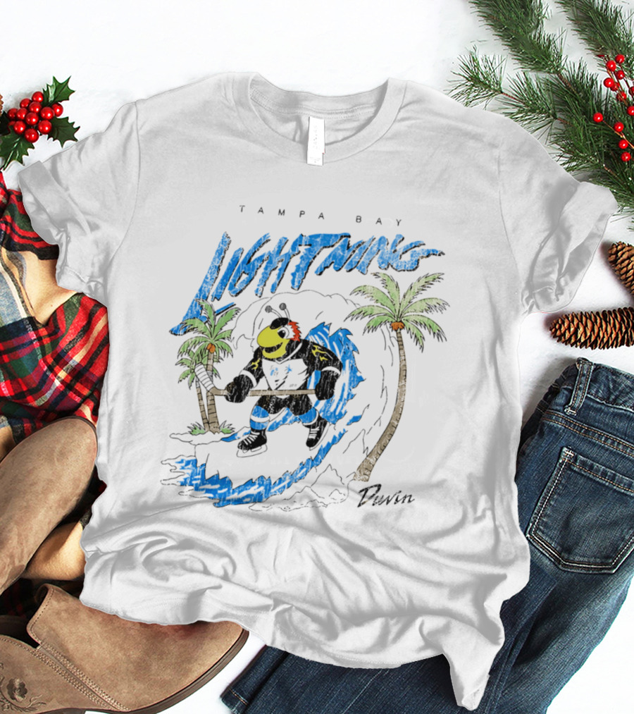 Tampa Bay Lightning Thunderbug Duvin Surfing Hockey Character With Palm Trees T-Shirt