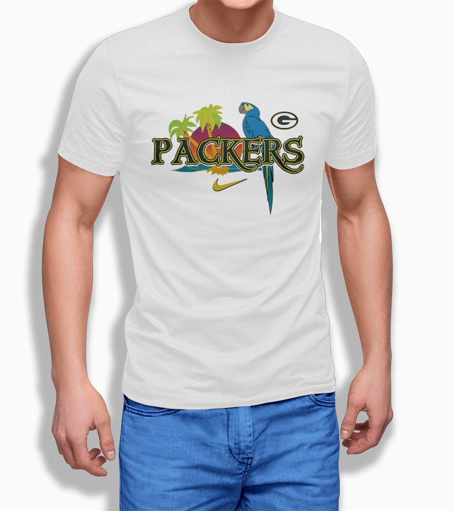 Packers Tropical Parrot Palm Trees G Logo Nike Fan Wear T-Shirt