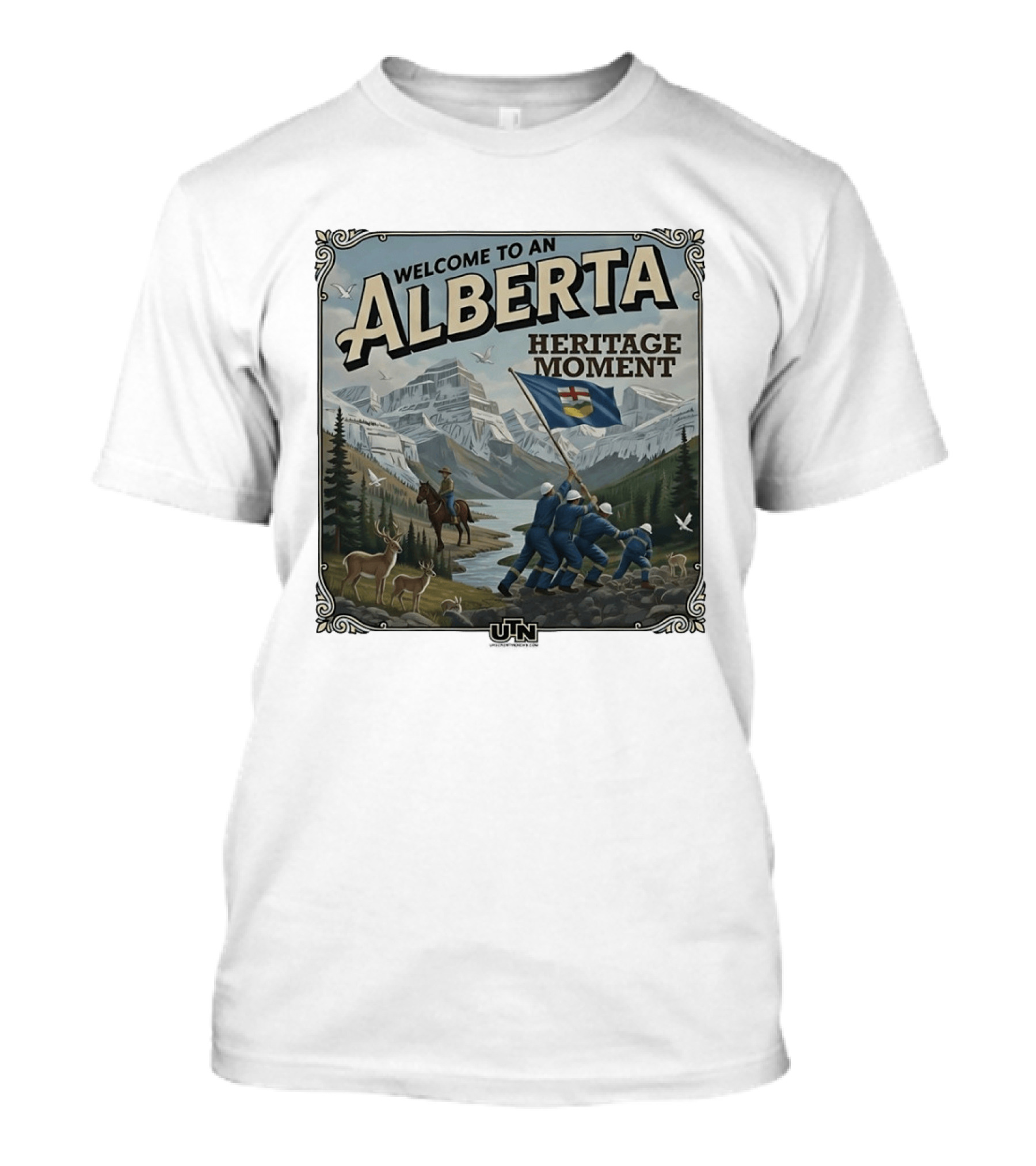 Welcome To An Alberta Heritage Moment Iwo Jima Inspired Rockies Scene T-Shirt