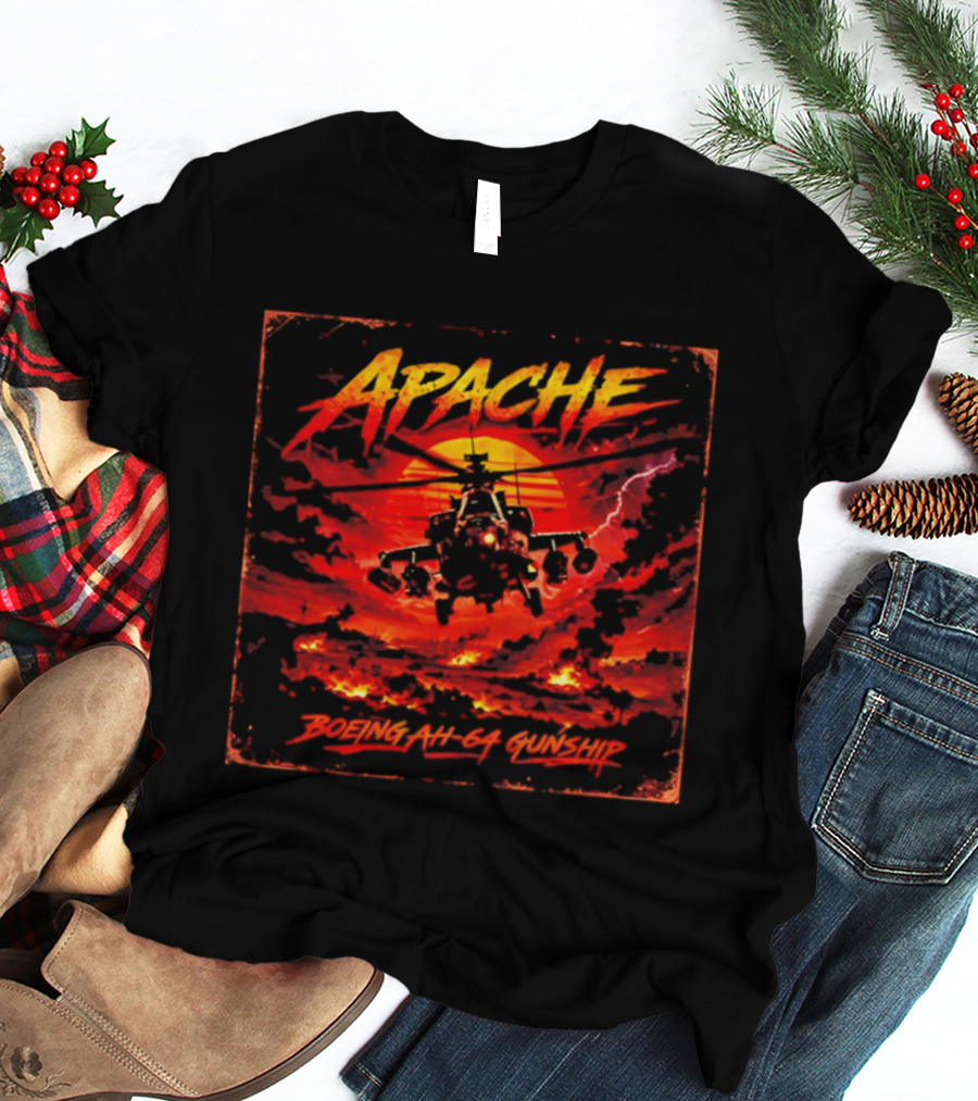 Apache Boeing AH 64 Gunship Sunset Storm Scene T-Shirt