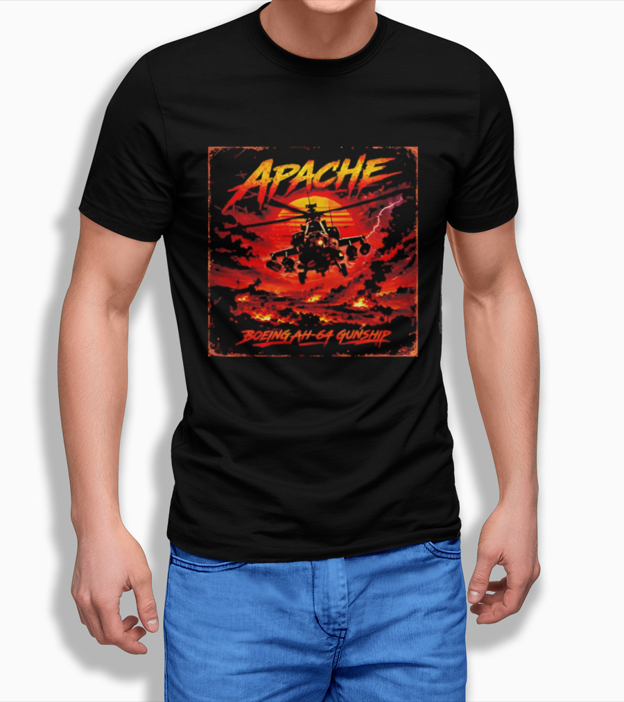 Apache Boeing AH 64 Gunship Sunset Storm Scene T-Shirt