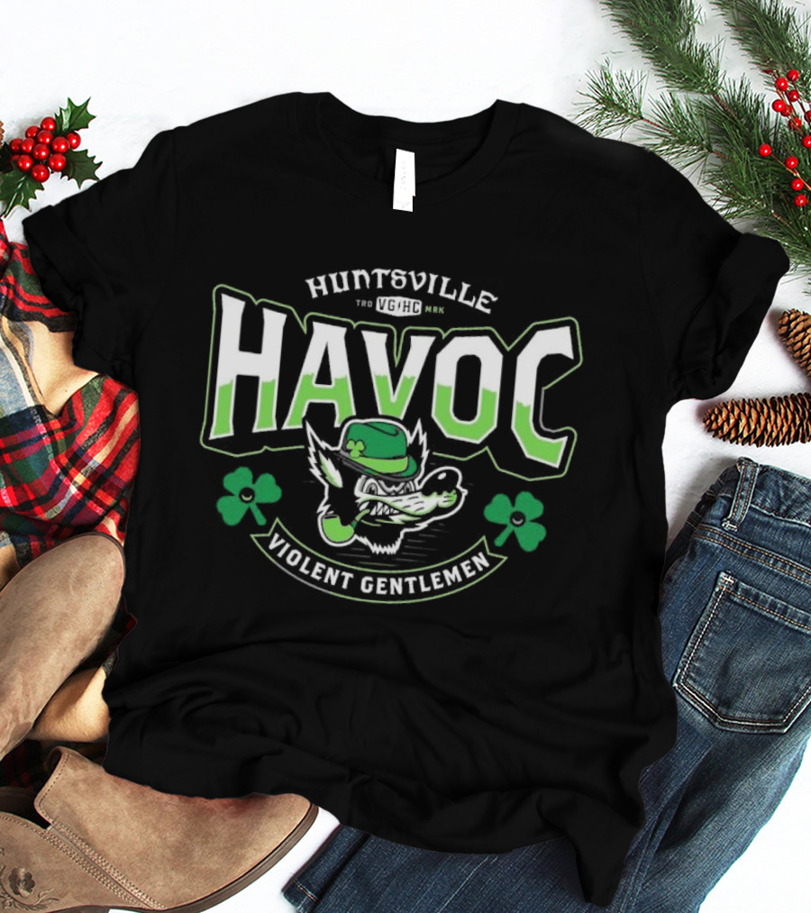 Huntsville Havoc Violent Gentlemen St. Patrick's Day Shamrock Clover Bulldog T-Shirt