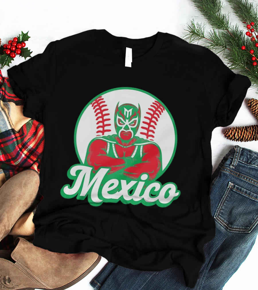 Mexico Luchador Baseball Mask Icon With Arms Crossed In Front Of Baseball Stitch T-Shirt