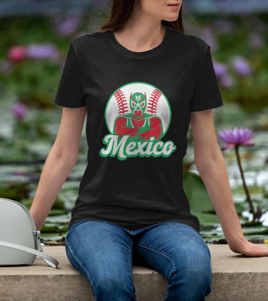 Mexico Luchador Baseball Mask Icon With Arms Crossed In Front Of Baseball Stitch T-Shirt