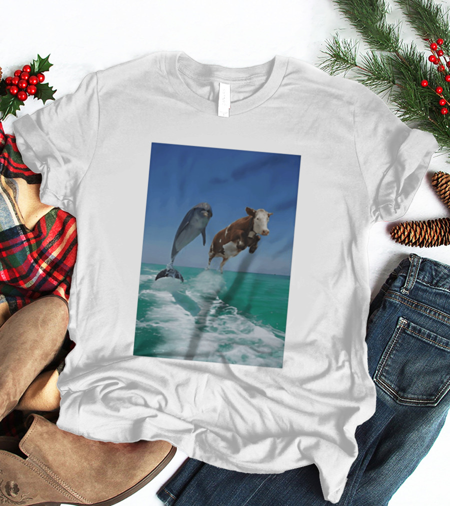 Cow And Dolphin Jumping Out Of Water Ocean Adventure T-Shirt