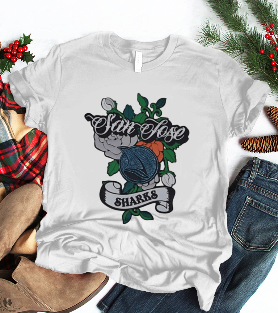 San Jose Sharks Floral Tattoo Style Team T-Shirt