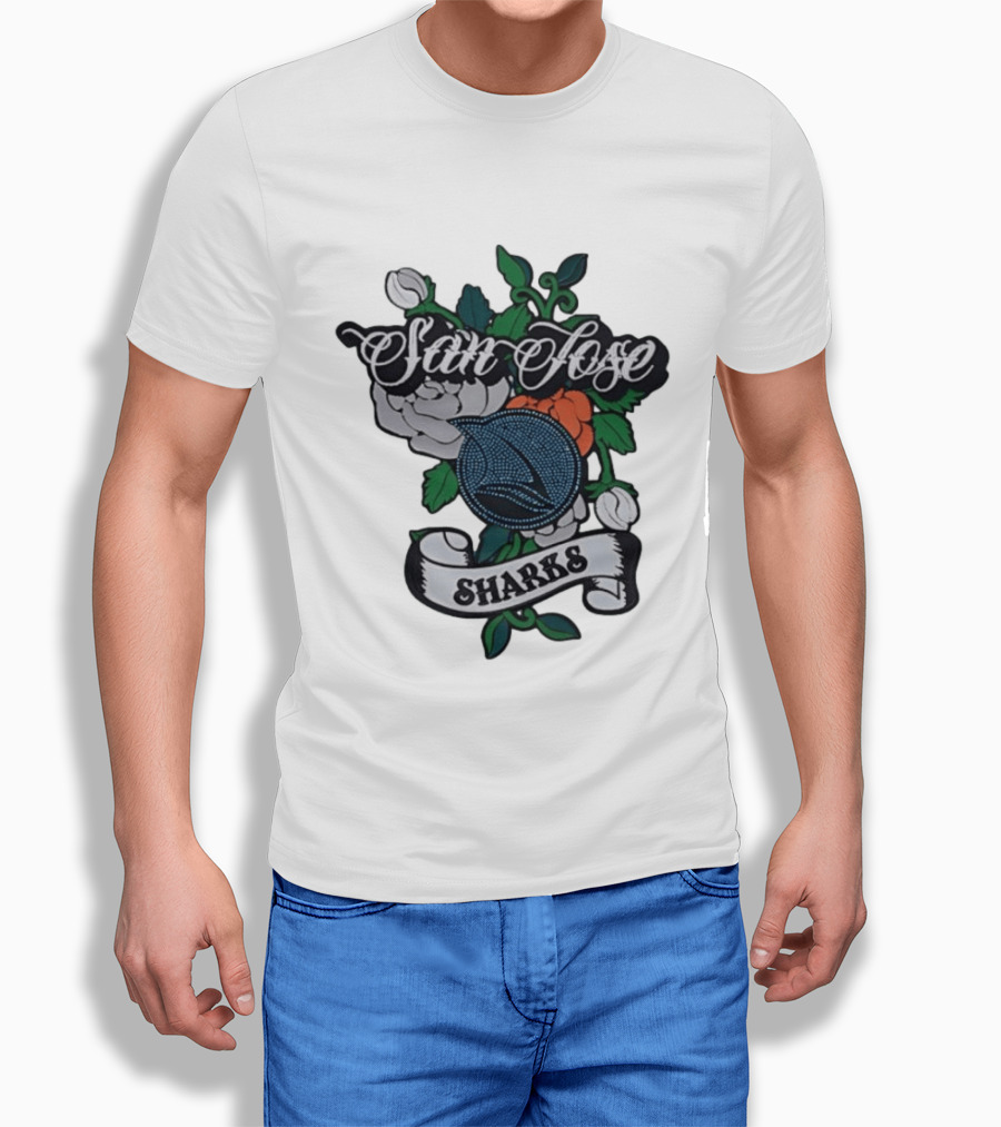 San Jose Sharks Floral Tattoo Style Team T-Shirt