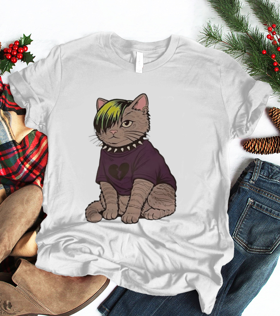 Emo Scene Cat With Heart Break Symbol And Spiked Collar T-Shirt