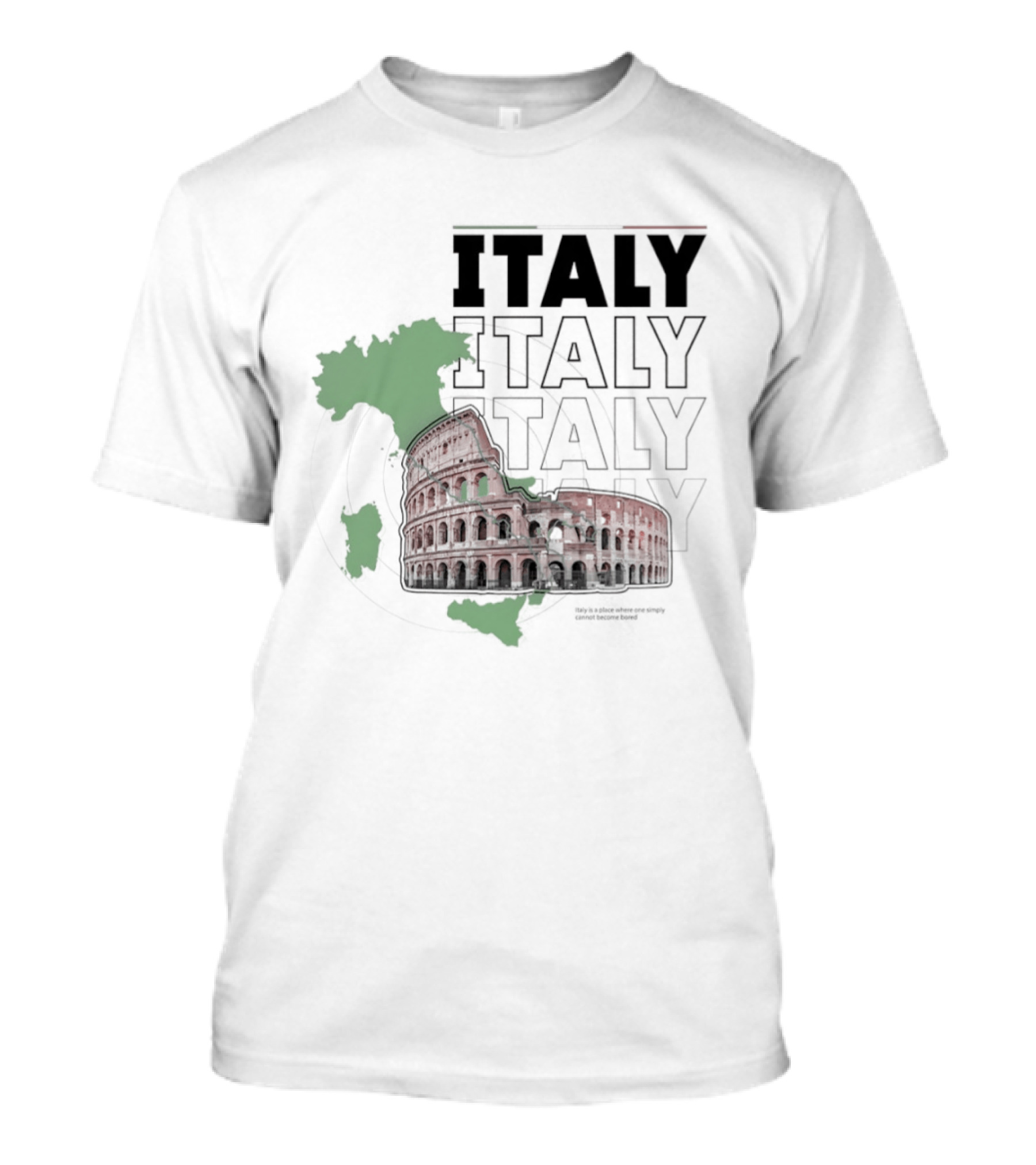 Italy Map And Colosseum Iconic Landmarks Text Heavy Exploration T-Shirt