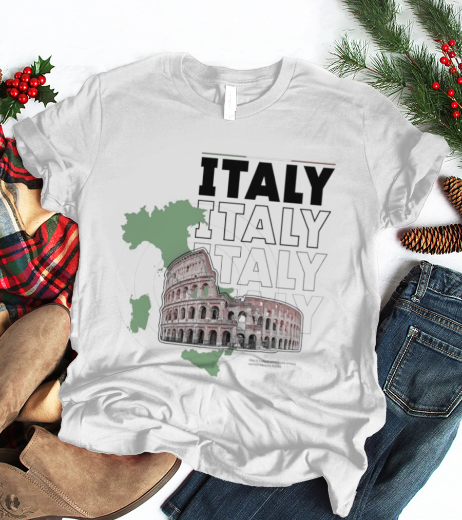 Italy Map And Colosseum Iconic Landmarks Text Heavy Exploration T-Shirt