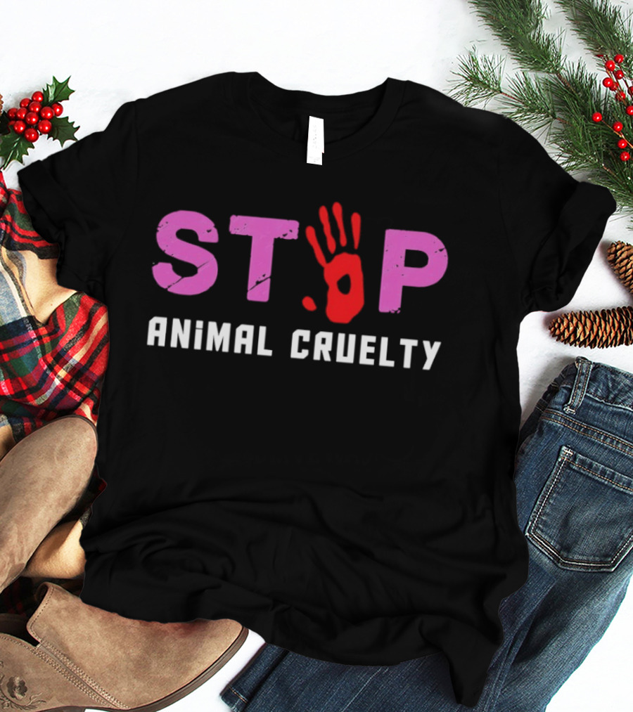 Stop Animal Cruelty Red Handprint Symbolic Message T-Shirt