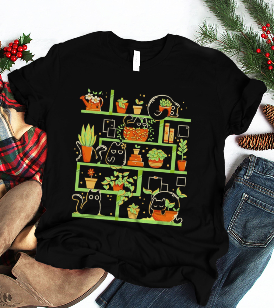 Kitten Garden Shelving With Plants And Teapots T-Shirt