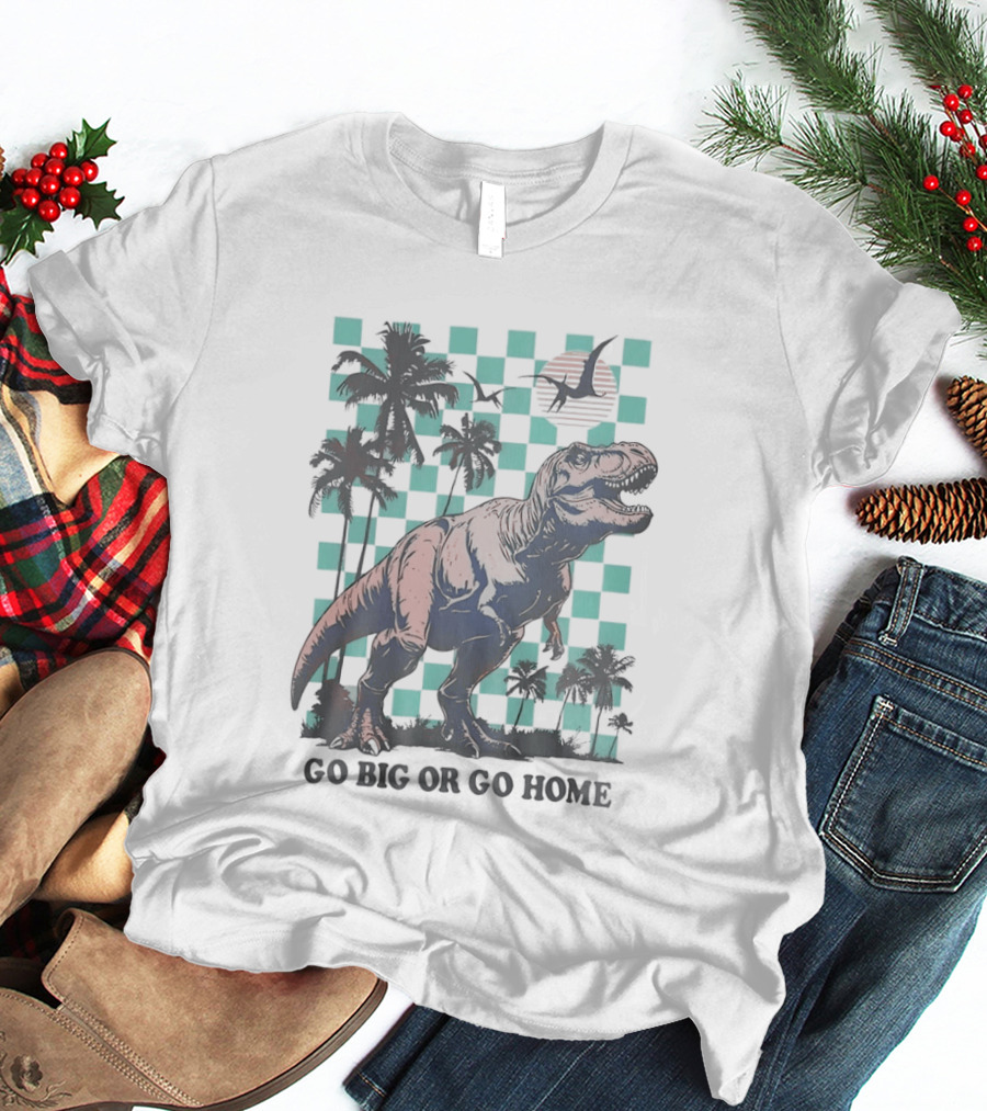 Tyrannosaurus Rex Go Big Or Go Home Palm Trees Checkerboard Sunset T-Shirt