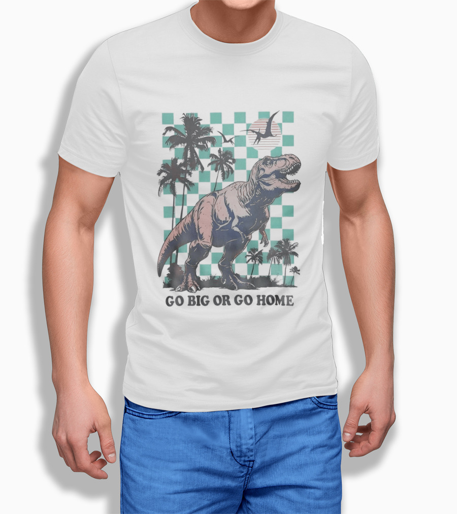 Tyrannosaurus Rex Go Big Or Go Home Palm Trees Checkerboard Sunset T-Shirt