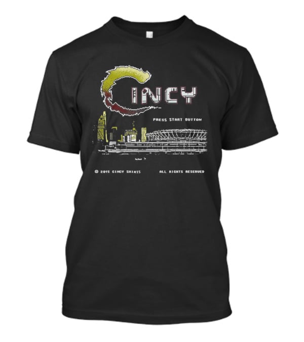 Cincy Press Start Button Pixel Game Cincinnati Reds Skyline T-Shirt