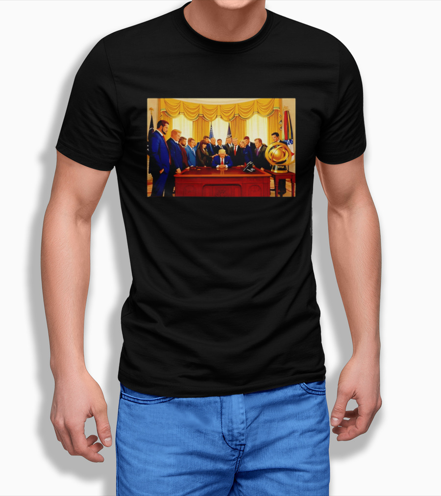Oval Office Prayer Gathering Trump Anime Style Amid Iran Tensions T-Shirt