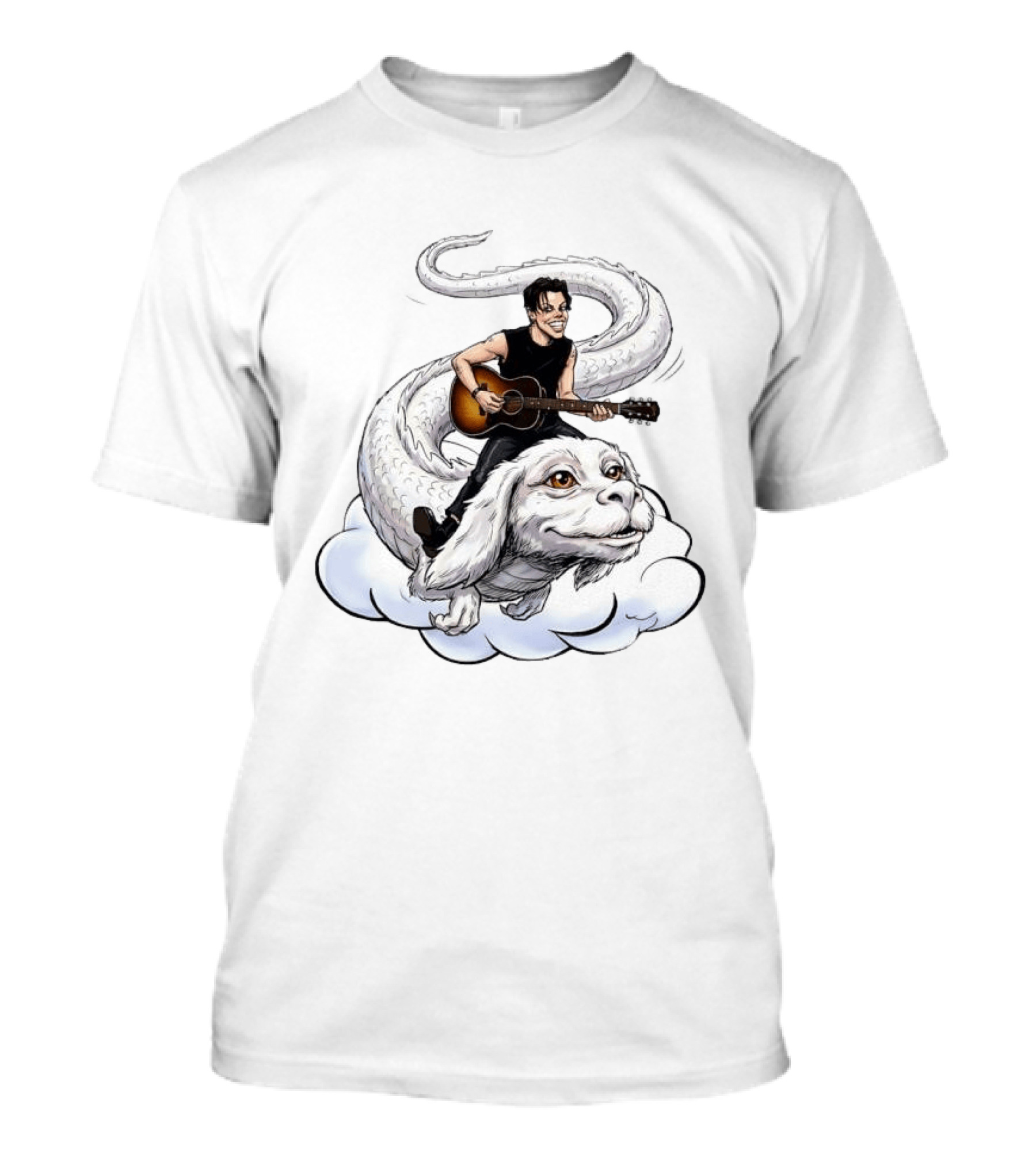 Rock God With Guitar On Falkor Flying Creature Inspired Fantasy Scene T-Shirt