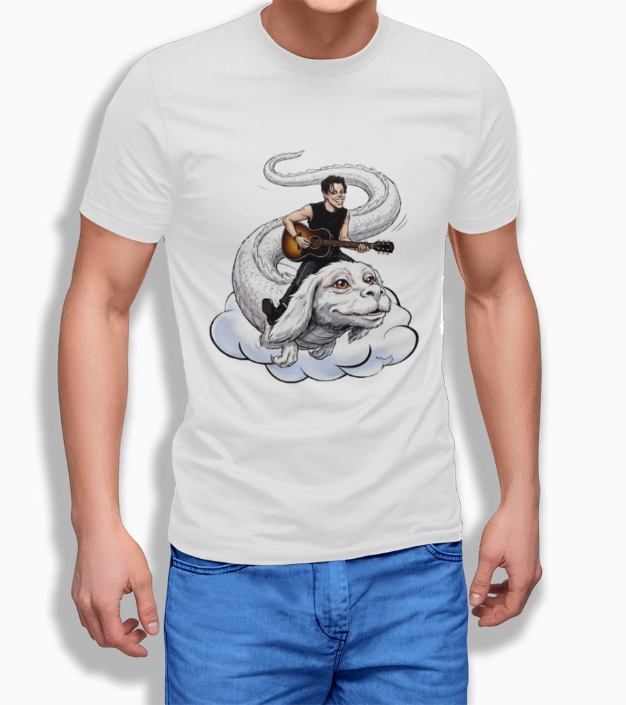 Rock God With Guitar On Falkor Flying Creature Inspired Fantasy Scene T-Shirt