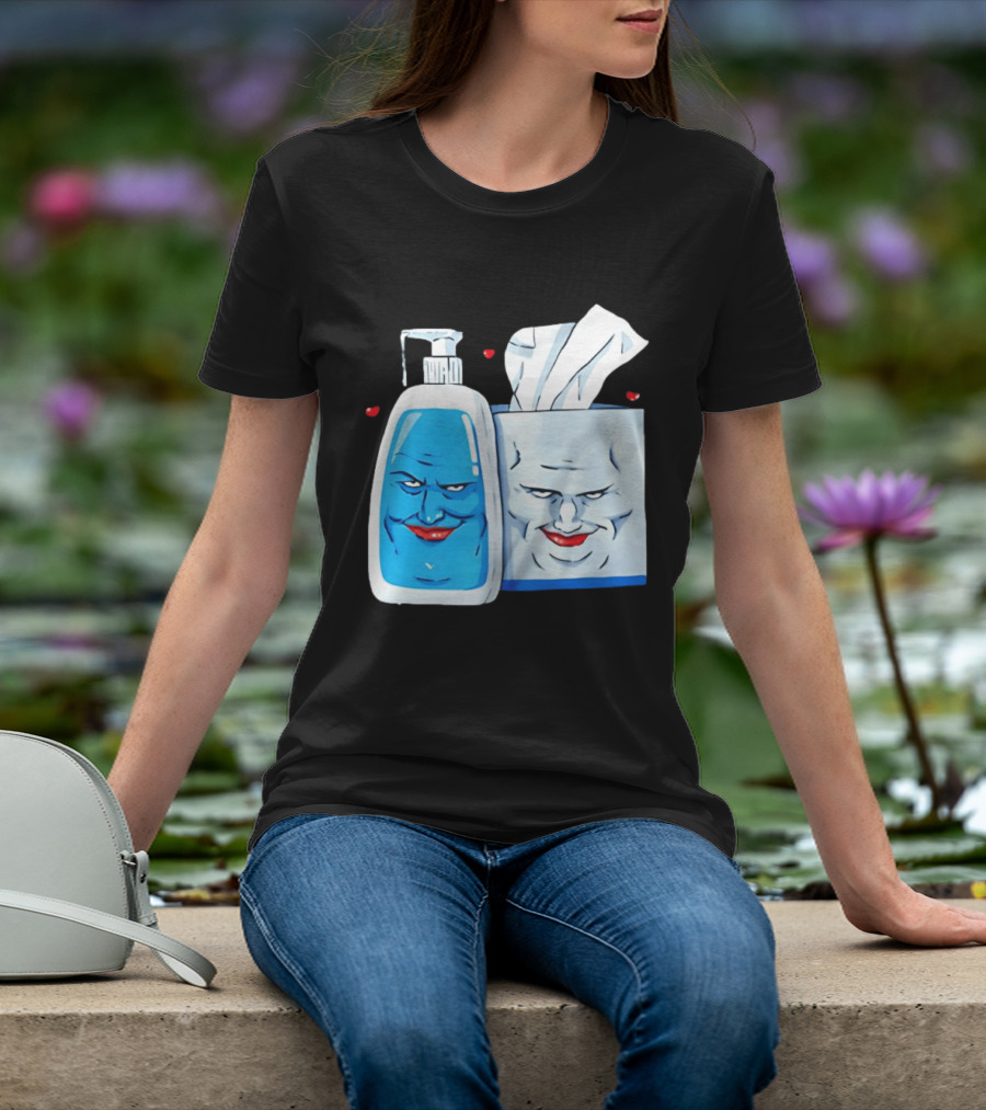 Smiling Blue Lotion Bottle And Tissue Box Meme With Red Lips And Hearts T-Shirt