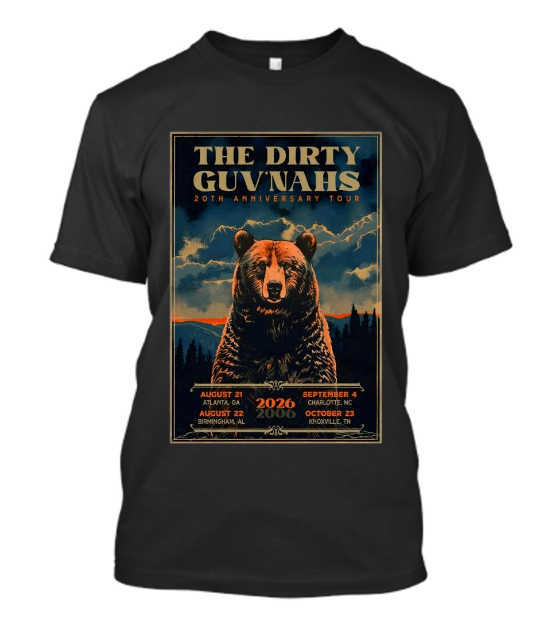 The Dirty Guv'nahs 20th Anniversary Tour 2026 Atlanta Birmingham Charlotte Knoxville Shows Bear Image T-Shirt