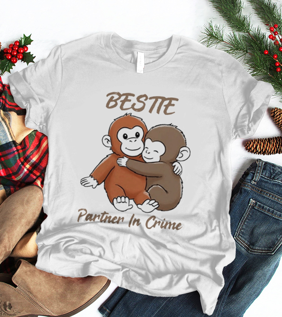 Bestie Partner In Crime Cute Monkey Hug Friendship T-Shirt