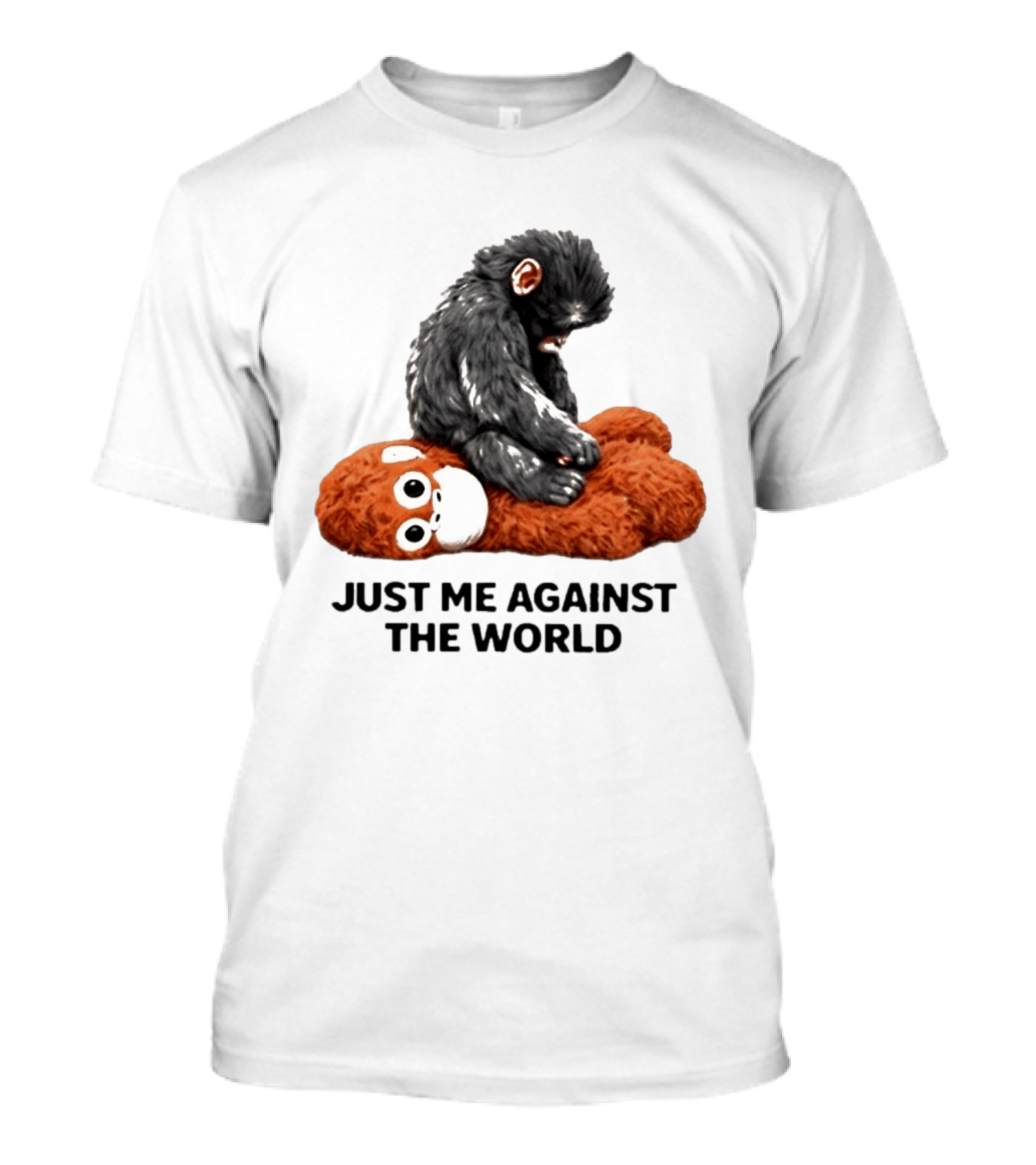 JUST ME AGAINST THE WORLD Gorilla Plush Toy Sitting On Panda T-Shirt