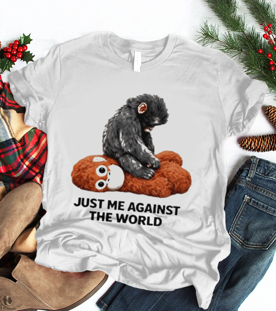 JUST ME AGAINST THE WORLD Gorilla Plush Toy Sitting On Panda T-Shirt