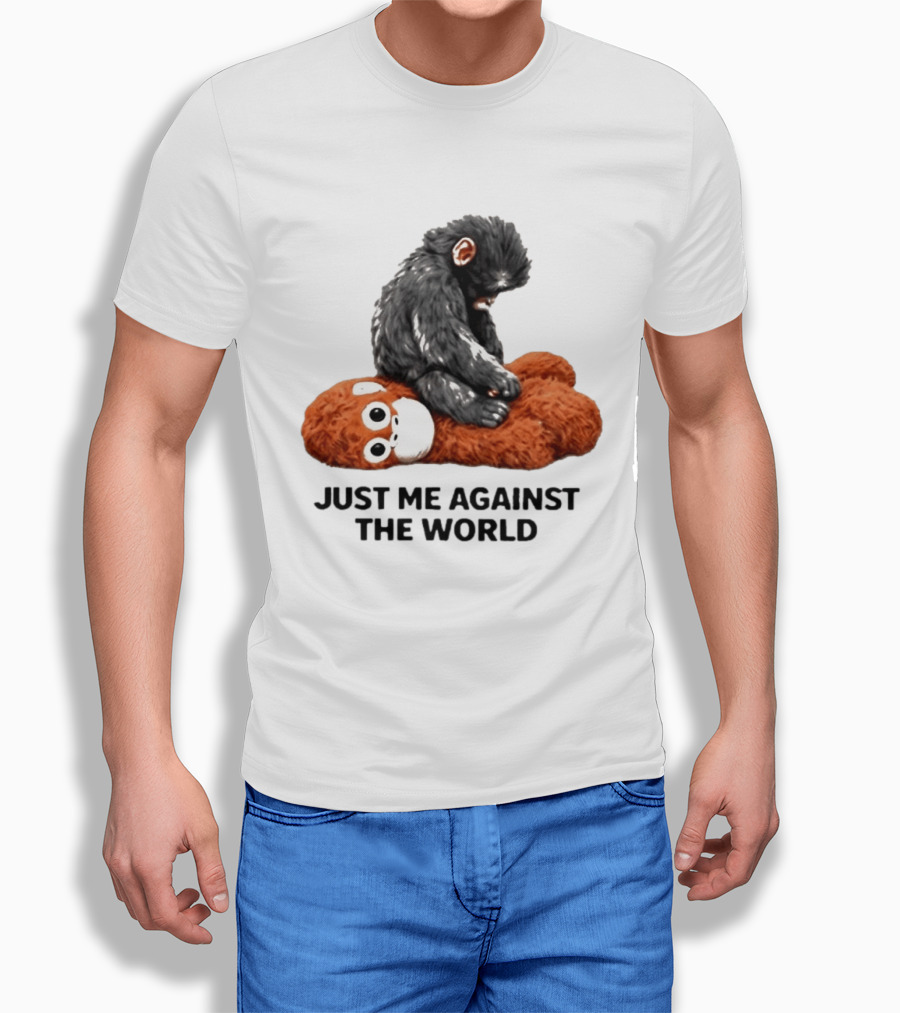 JUST ME AGAINST THE WORLD Gorilla Plush Toy Sitting On Panda T-Shirt
