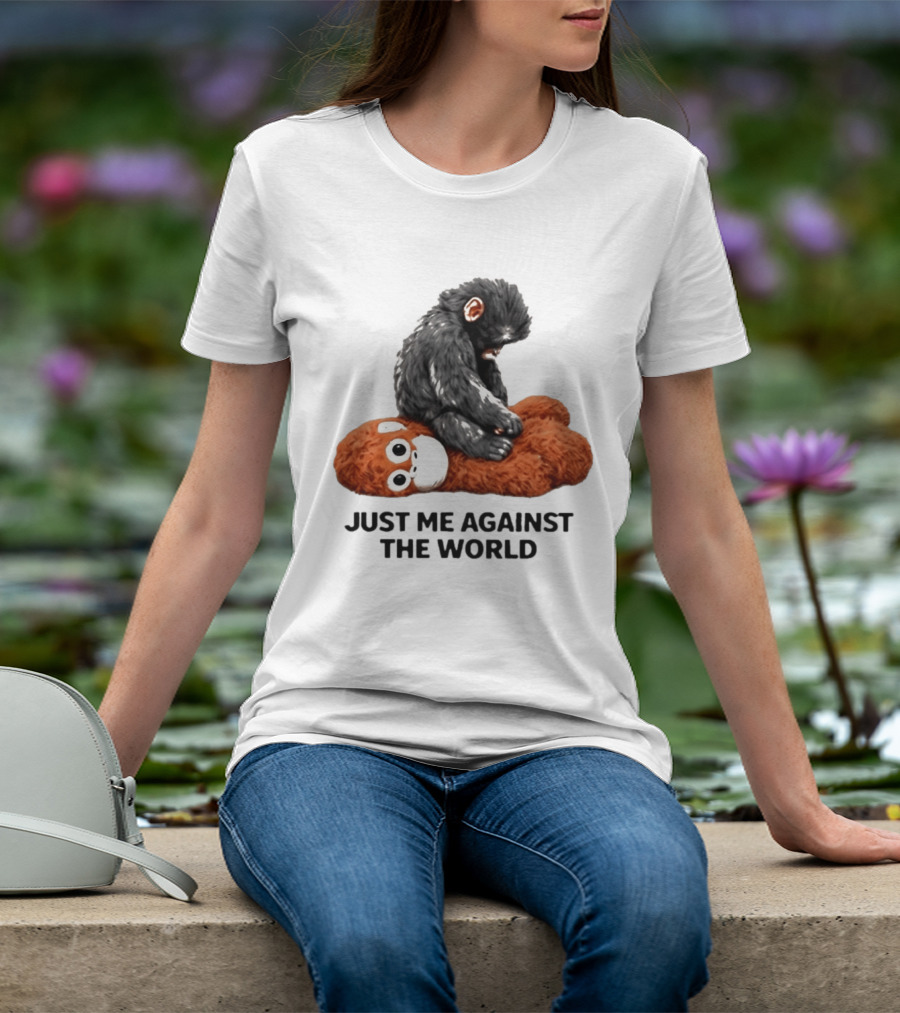 JUST ME AGAINST THE WORLD Gorilla Plush Toy Sitting On Panda T-Shirt
