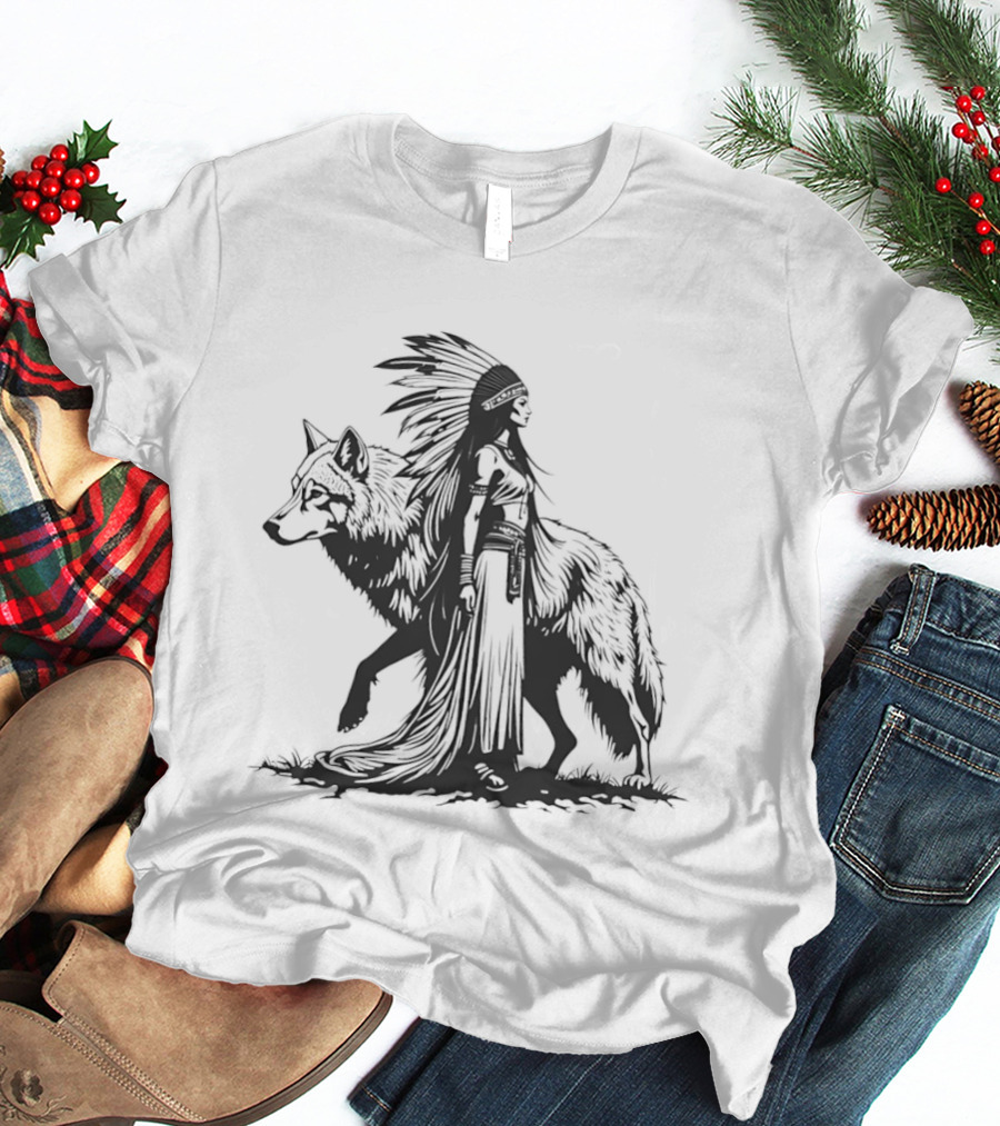 Native Woman And Wolf Connection Tribal Spirit Headdress T-Shirt