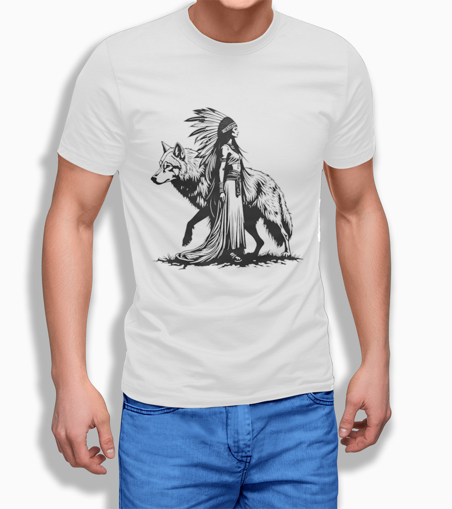 Native Woman And Wolf Connection Tribal Spirit Headdress T-Shirt