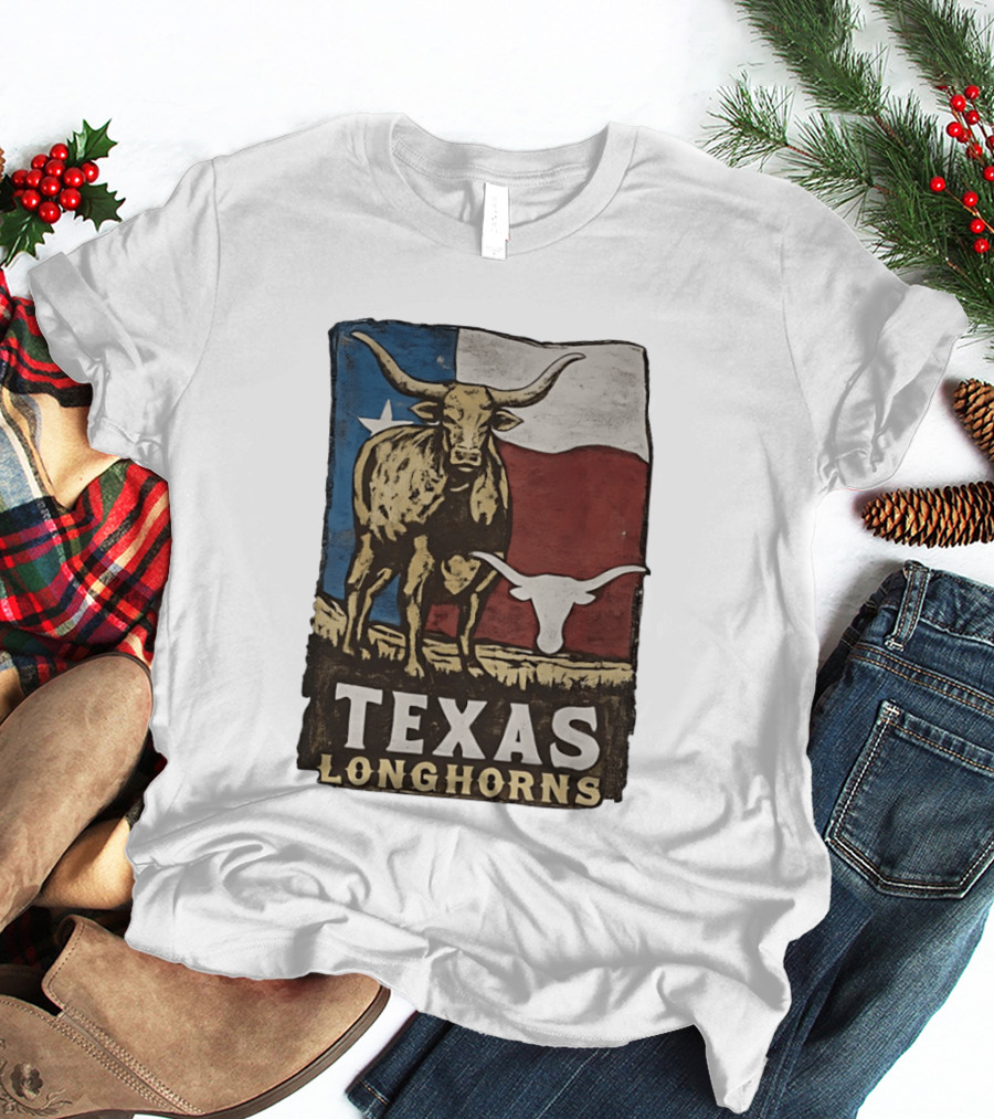 Texas Longhorns Flag Vintage Style Cow T-Shirt